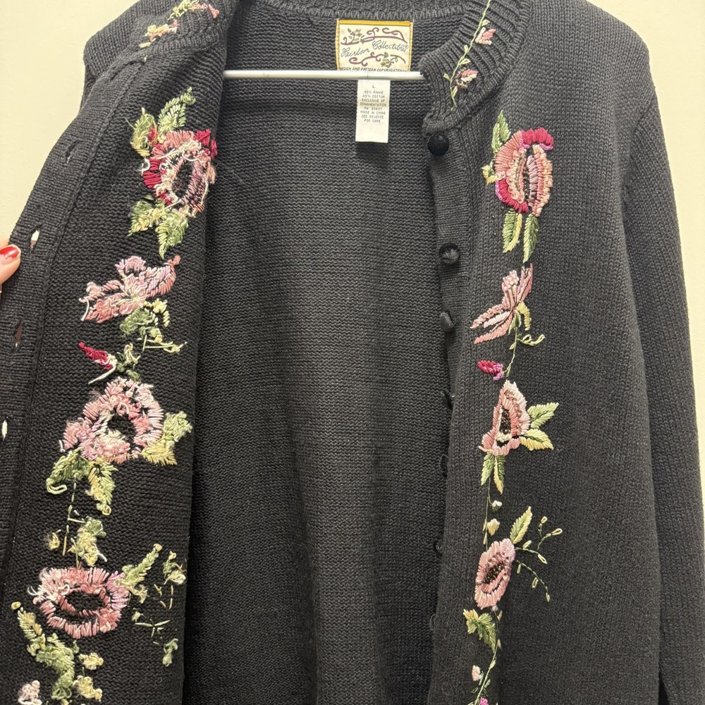 Vintage Heirloom Collectibles Black Floral Embroidered Cardigan Sweater Size L‎ - Picture 5 of 5